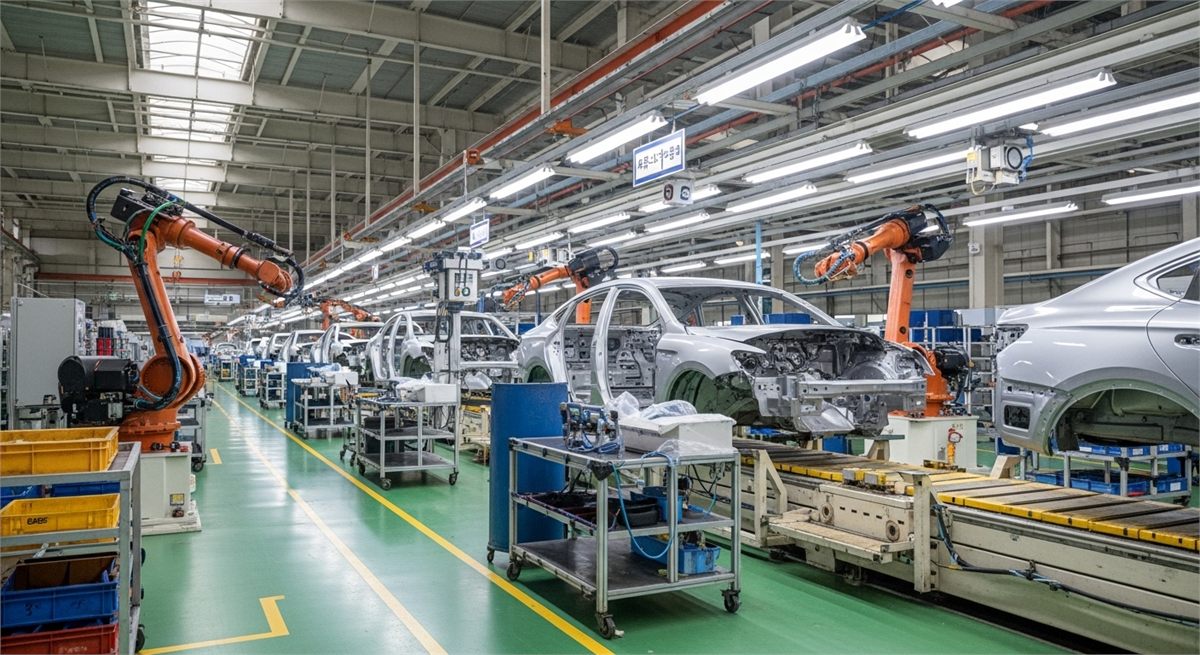 로봇 설비가 차량을 조립하는 한국 자동차 공장 생산라인 전경 