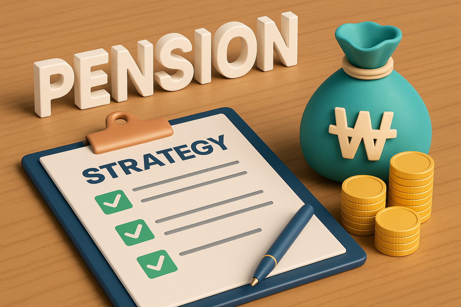 연금을 의미하는 pension 텍스트와 전략 체크리스트 보드, 화폐를 의미하는 동전과 보따리를 이미지화 한 그림
