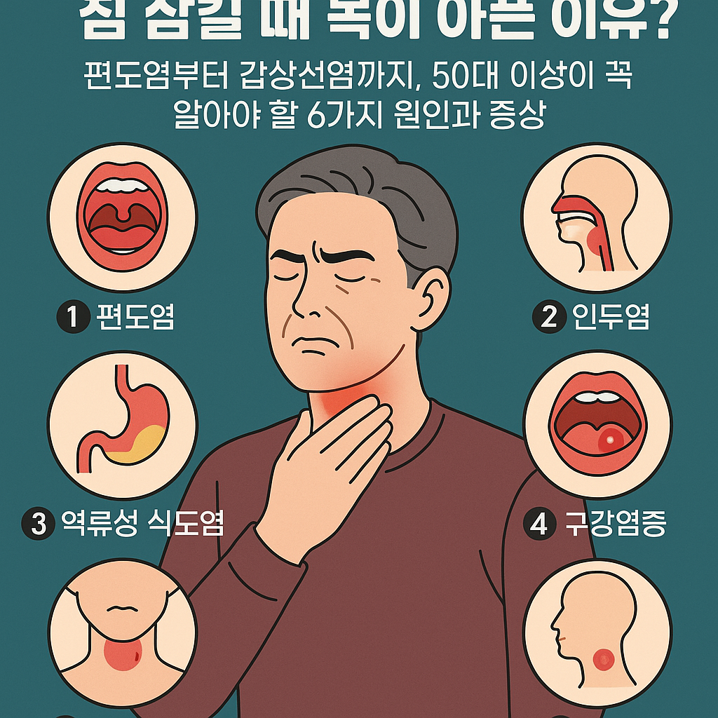 침 삼킬 때 목이 아픈 이유? 편도염부터 갑상선염까지, 50대 이상이 꼭 알아야 할 6가지 원인과 증상