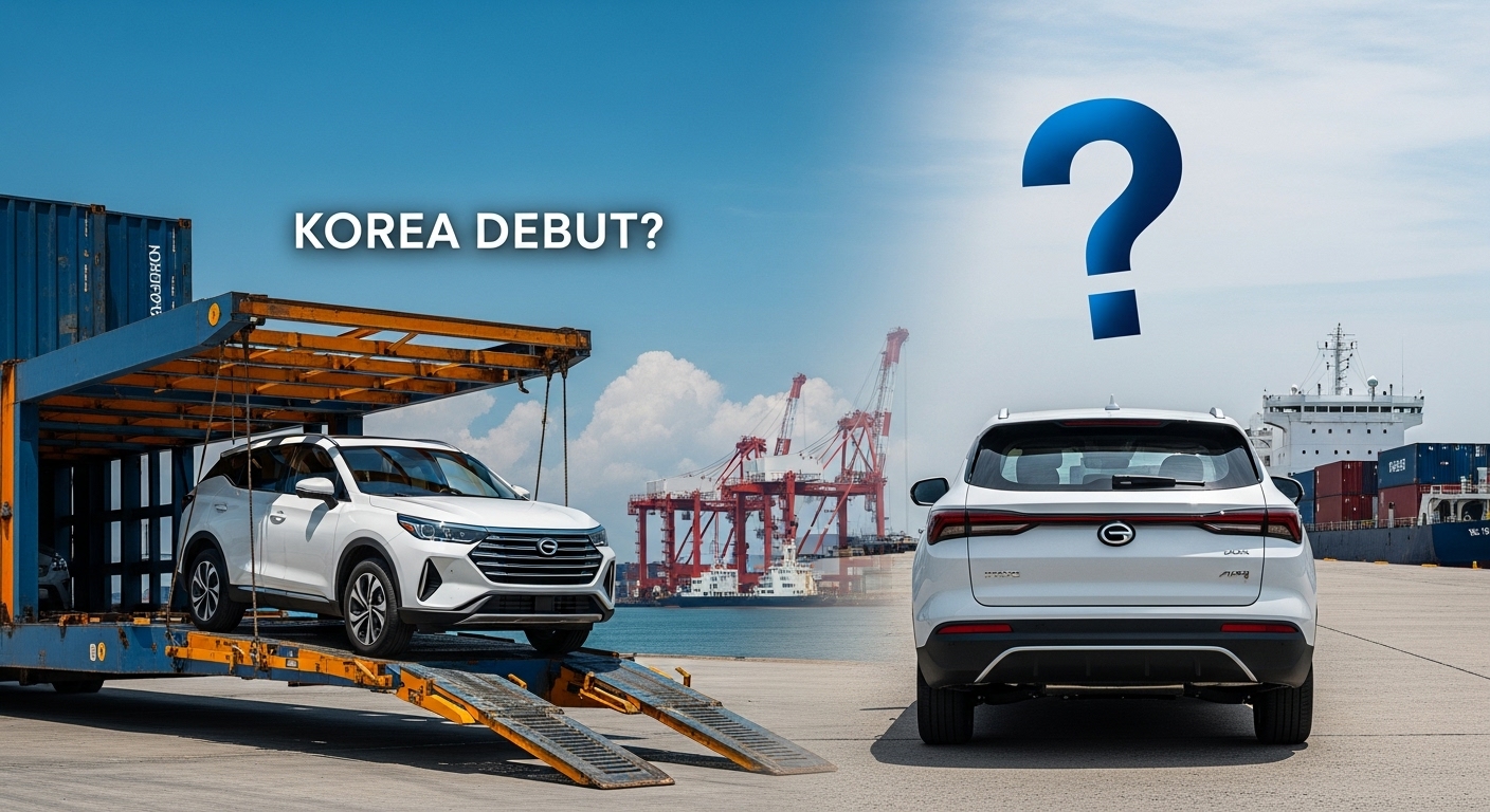 GAC 아이온 i60 차량이 인천항을 통해 국내에 막 도착한(수입된) 듯한 합성 이미지