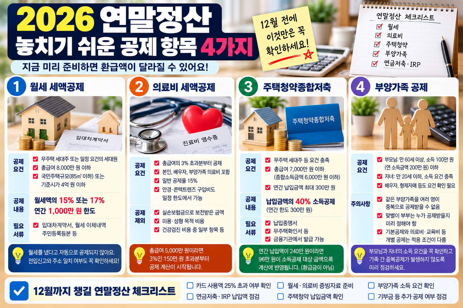 2026 연말정산 놓치기 쉬운 공제 4가지 월세 세액공제 의료비 세액공제 주택청약 소득공제 부양가족 공제 조건과 준비서류
