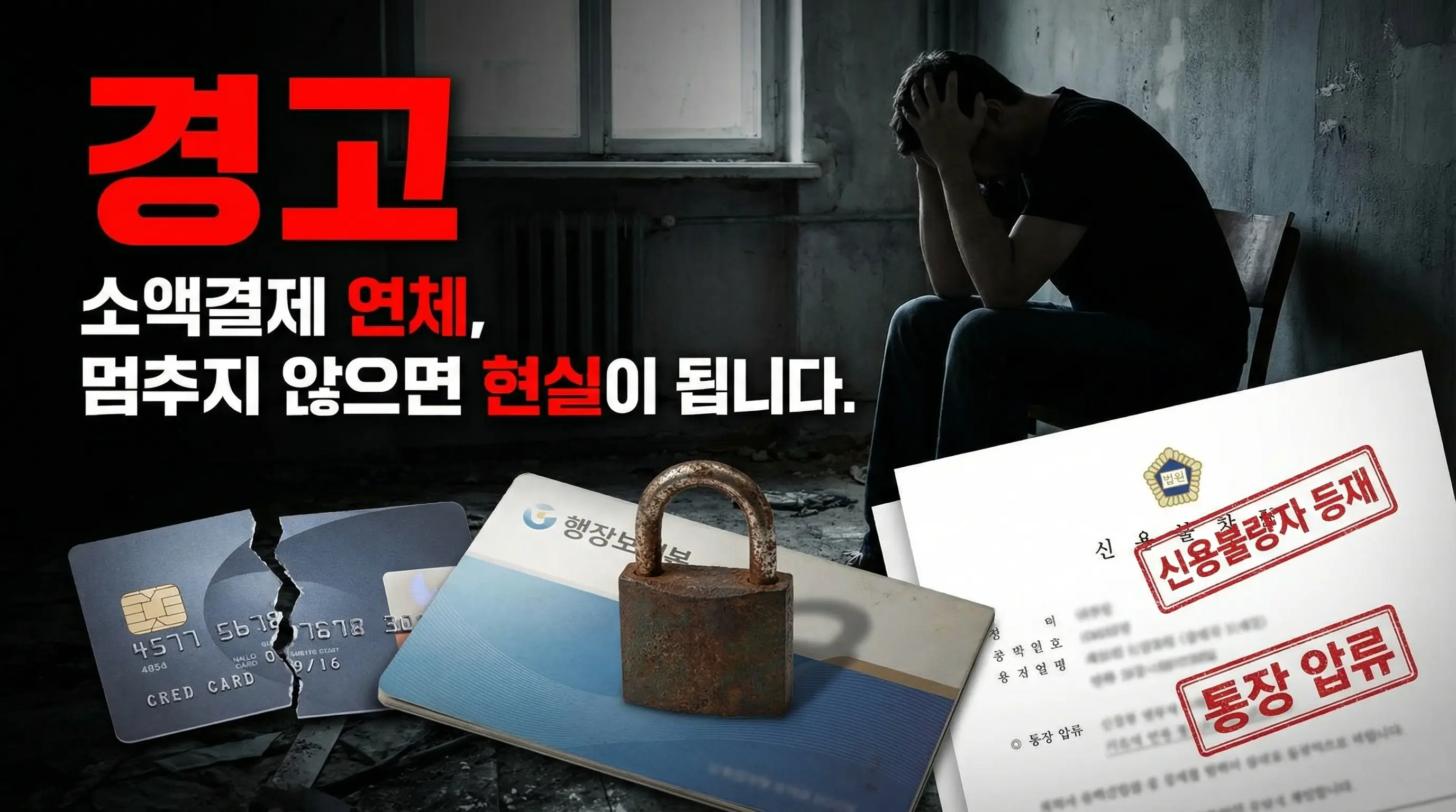 소액결제 연체 장기화 시 신용불량자 등재 및 통장 압류 위험성을 시각화한 경고 이미지