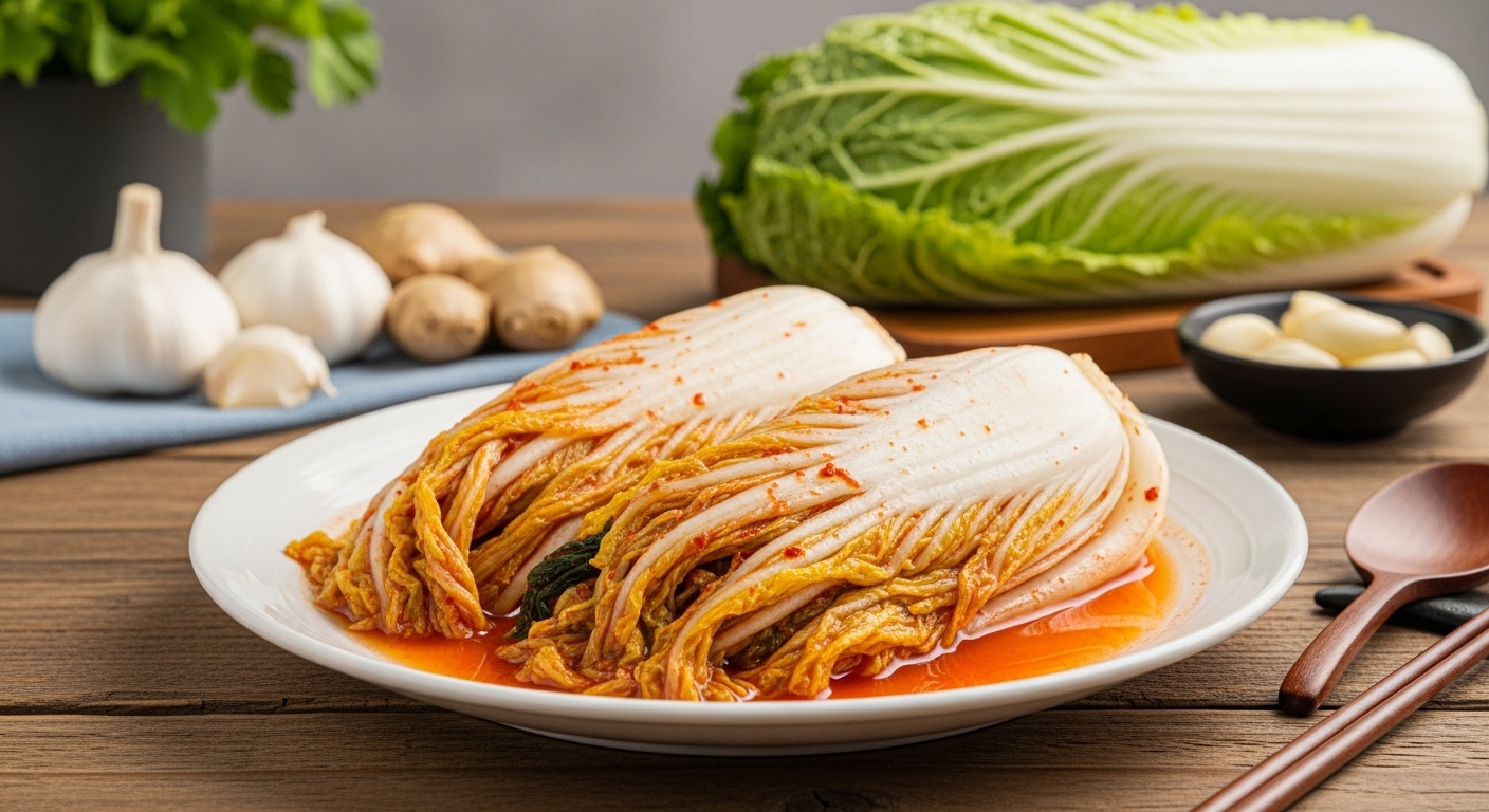 아삭하고 시원한 백김치가 담긴 투명한 유리 용기, 신선한 배추와 채소가 어우러진 주방 식탁 위 모습.