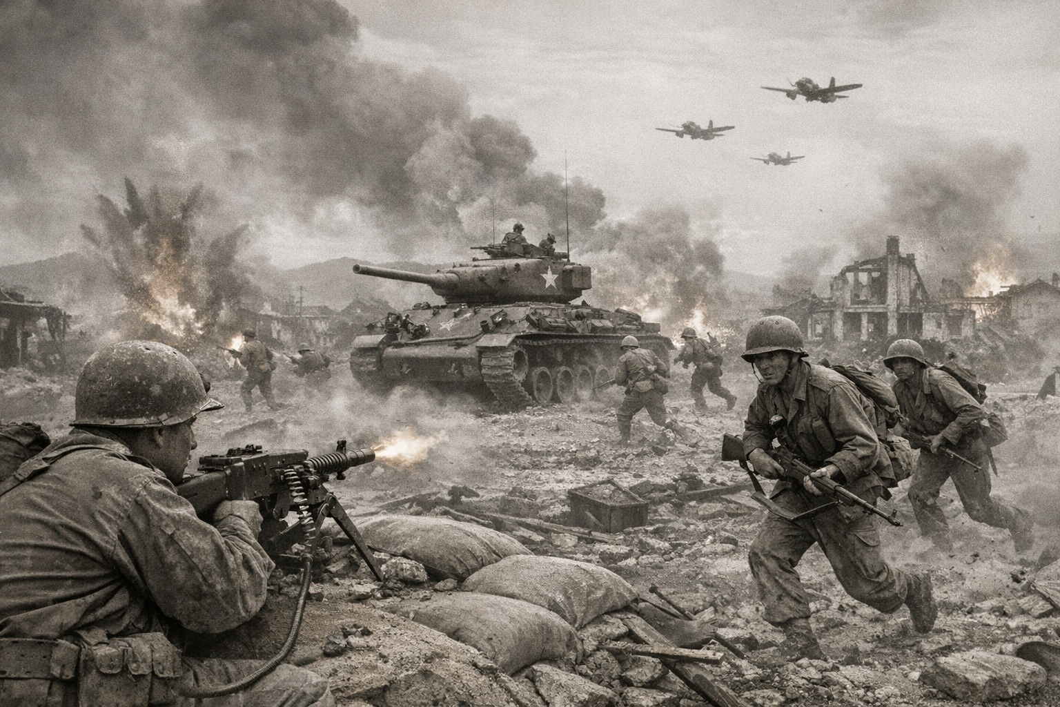 "Dramatic Korean War battle scene showing soldiers, tanks, and explosions in a devastated city."