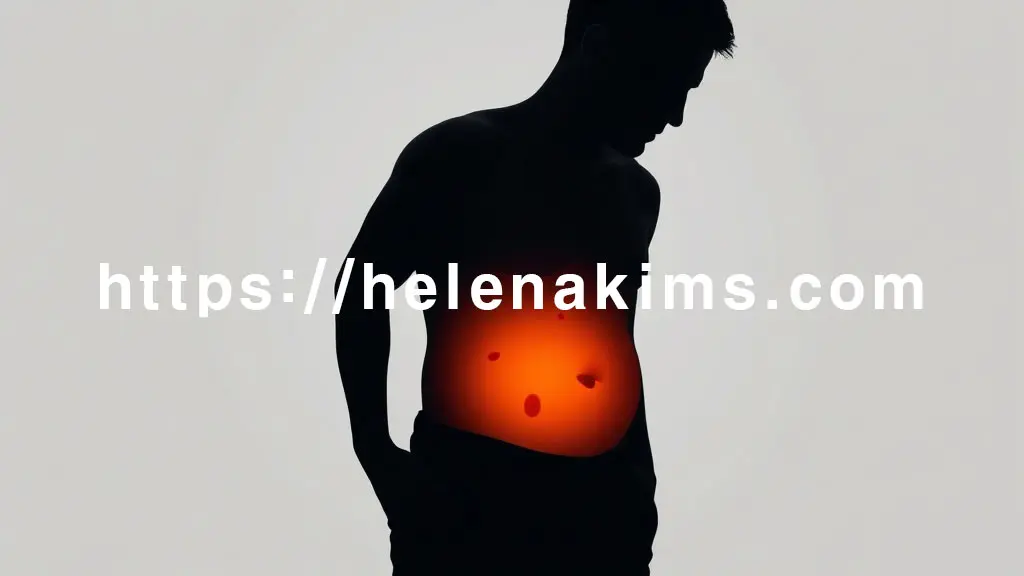 복부 부분에는 부드럽게 부풀어 오르는 듯한 곡선이나 은은한 빛의 팽창 효과가 나타나 소화 불편과 팽만감을 나타낸 이미지.