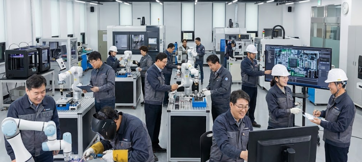 깨끗하고 전문적인 직업훈련 센터에서 중장년들이 실습 교육을 받는 장면