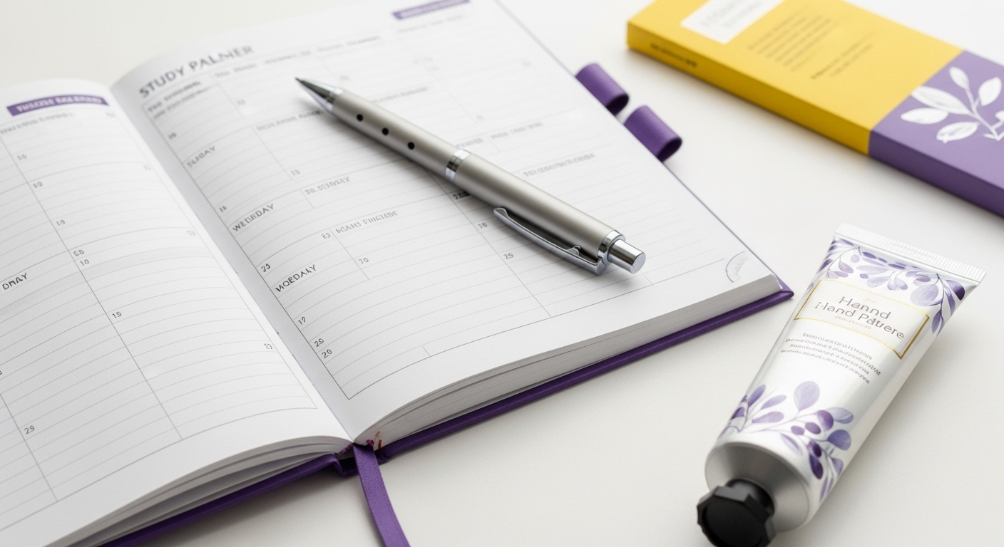 고급 볼펜, 펼쳐진 스터디 플래너, 그리고 향 좋은 핸드크림이 함께 놓여있다. 1~3만원대 수험생 선물 아이템.