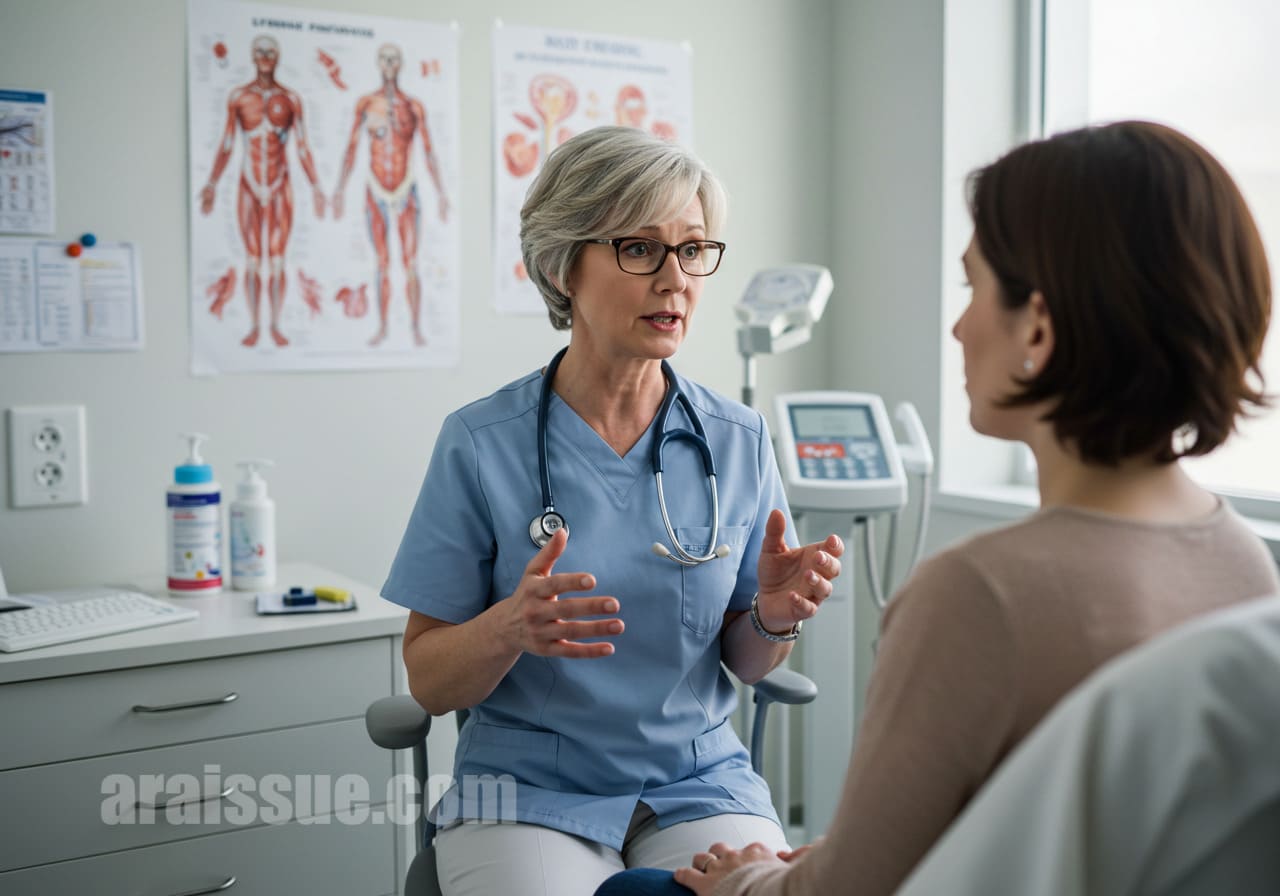 현대적인 클리닉에서 50대 여성 의료 전문가가 자궁근종에 대해 환자에게 설명하는 모습입니다. 해부학적 차트와 의료 기기가 배경에 있습니다.
