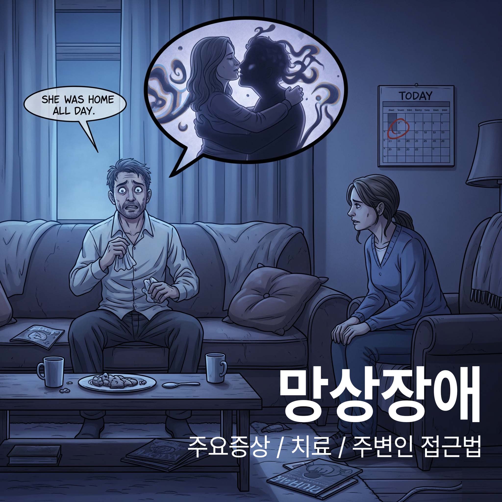 망상장애 남편이 하루종일 집에 있었던 아내가 다른 사람과 바람을 피웠다고 믿는 삽화