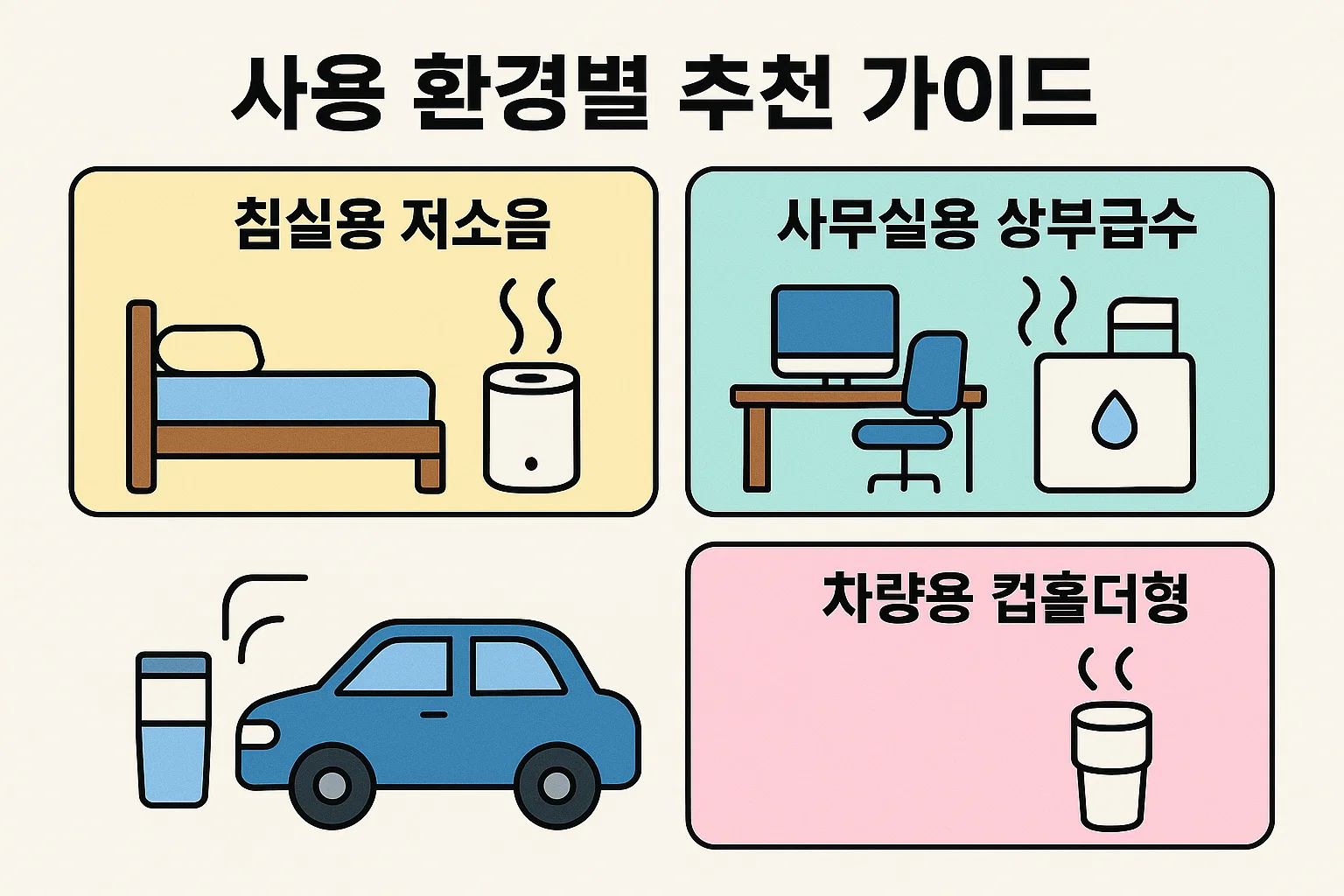 침실용 저소음, 사무실용 상부급수, 차량용 컵홀더형 등 공간별로 최적의 미니가습기 종류를 안내한 인포그래픽. 각 환경에 맞는 효율적인 가습기 선택 팁을 제공합니다.