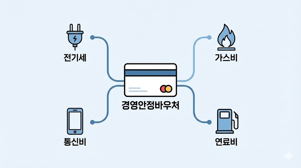 바우처 사용처 경영안정바우처로 결제 가능한 항목(전기, 가스, 통신, 연료비)을 아이콘으로 명확하게 표현한 마인드맵 이미지입니다.