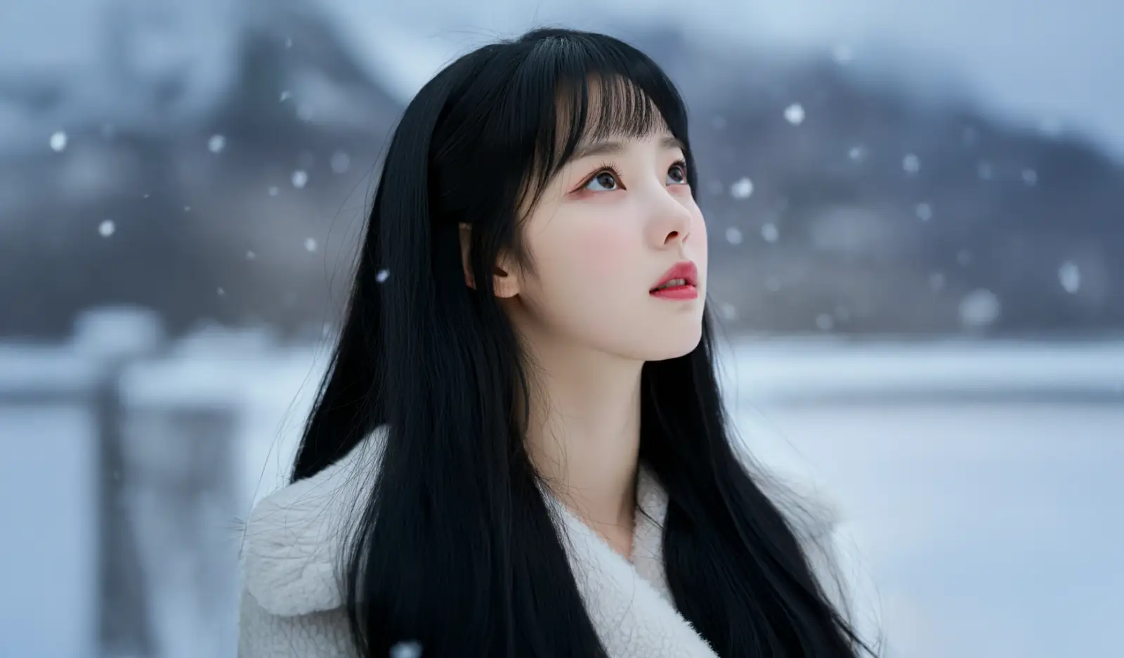 눈 오는 하늘을 바라보는 여성