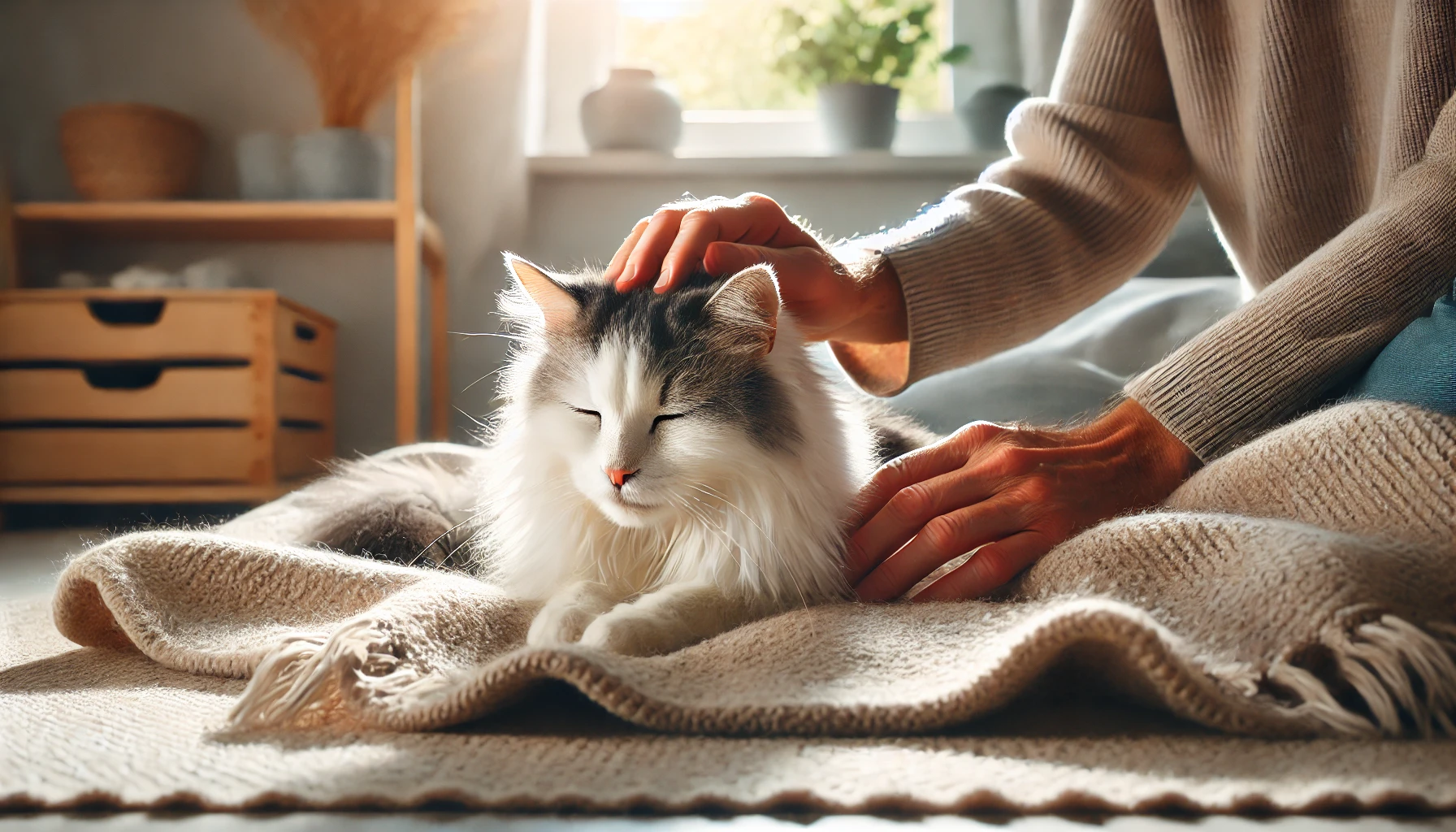 나이 든 고양이가 보호자 옆에서 편안히 쉬거나, 부드러운 햇살 아래서 조용히 있는 장면