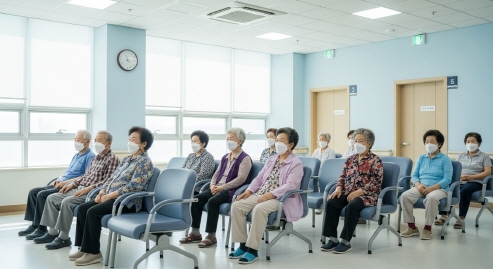 병원 대기실에서 마스크를 쓴 고령층 환자들의 모습