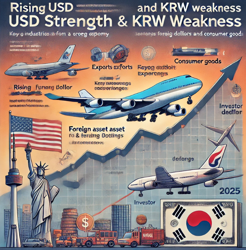 달러 강세와 원화 약세가 한국 경제 및 투자 시장에 미치는 영향을 시각적으로 표현한 이미지