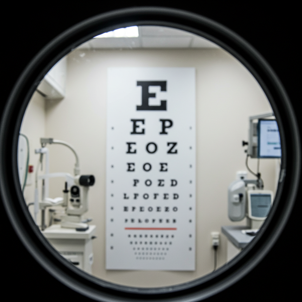 당뇨병성 망막병증 정기 검진을 위해 안과에서 시력 검사표를 바라보는 환자의 시점