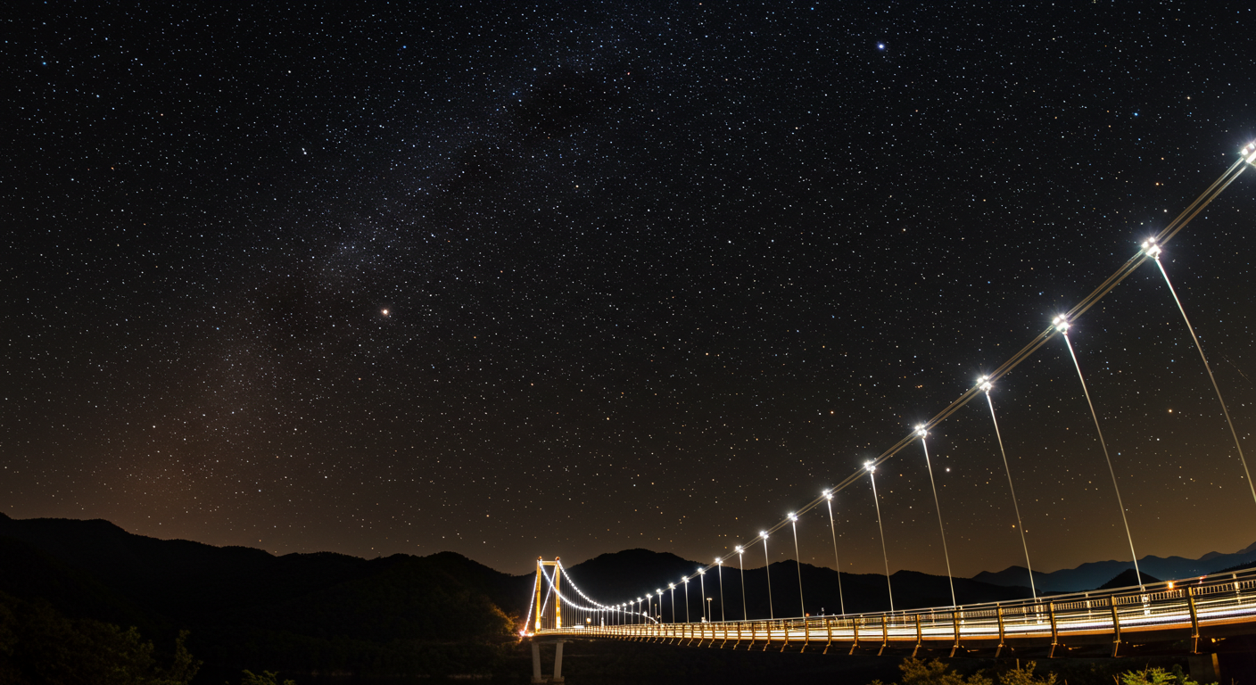원주 소금산 출렁다리의 조명과 함께 밤하늘 별빛이 빛나는 야경