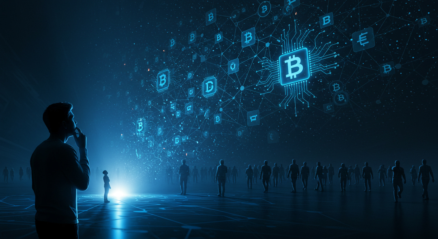 미래의 기술 혁신(AI, 암호화폐)을 바라보는 한 사람과 등을 돌리고 떠나는 군중의 모습