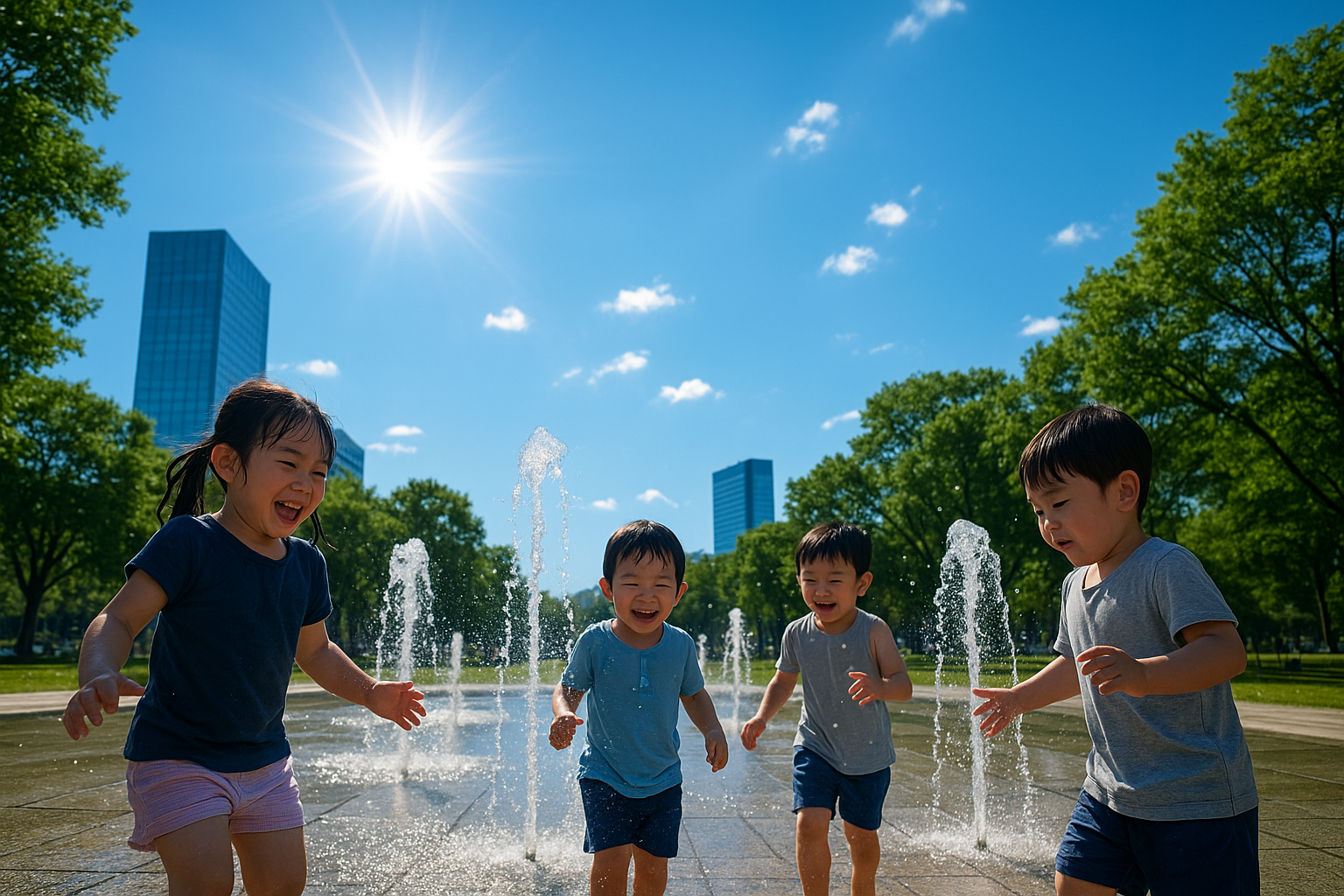 도심 공원 분수에서 놀이하는 아이들의 모습
