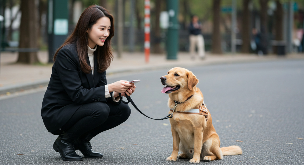 시각장애인 보조견 과 시각 장애인의 이미지
