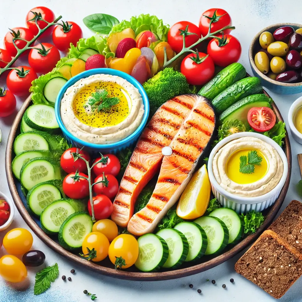 지중해식 식단을 먹음직스럽게 표현한 이미지로, 구운 연어, 체리 토마토, 오이, 올리브, 통곡물 빵, 그리고 신선한 허머스가 포함된 건강하고 화려한 플래터. 깨끗하고 밝은 배경 위에 건강과 신선함을 강조한 구성으로, 식단 관리와 관련된 콘텐츠에 적합함