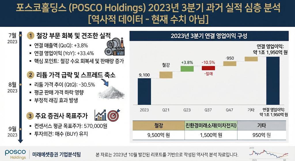 포스코홀딩스 과거 실적과 리튬 가격 하락, 당시 목표주가 조정을 보여주는 역사적 실적 분석 이미지