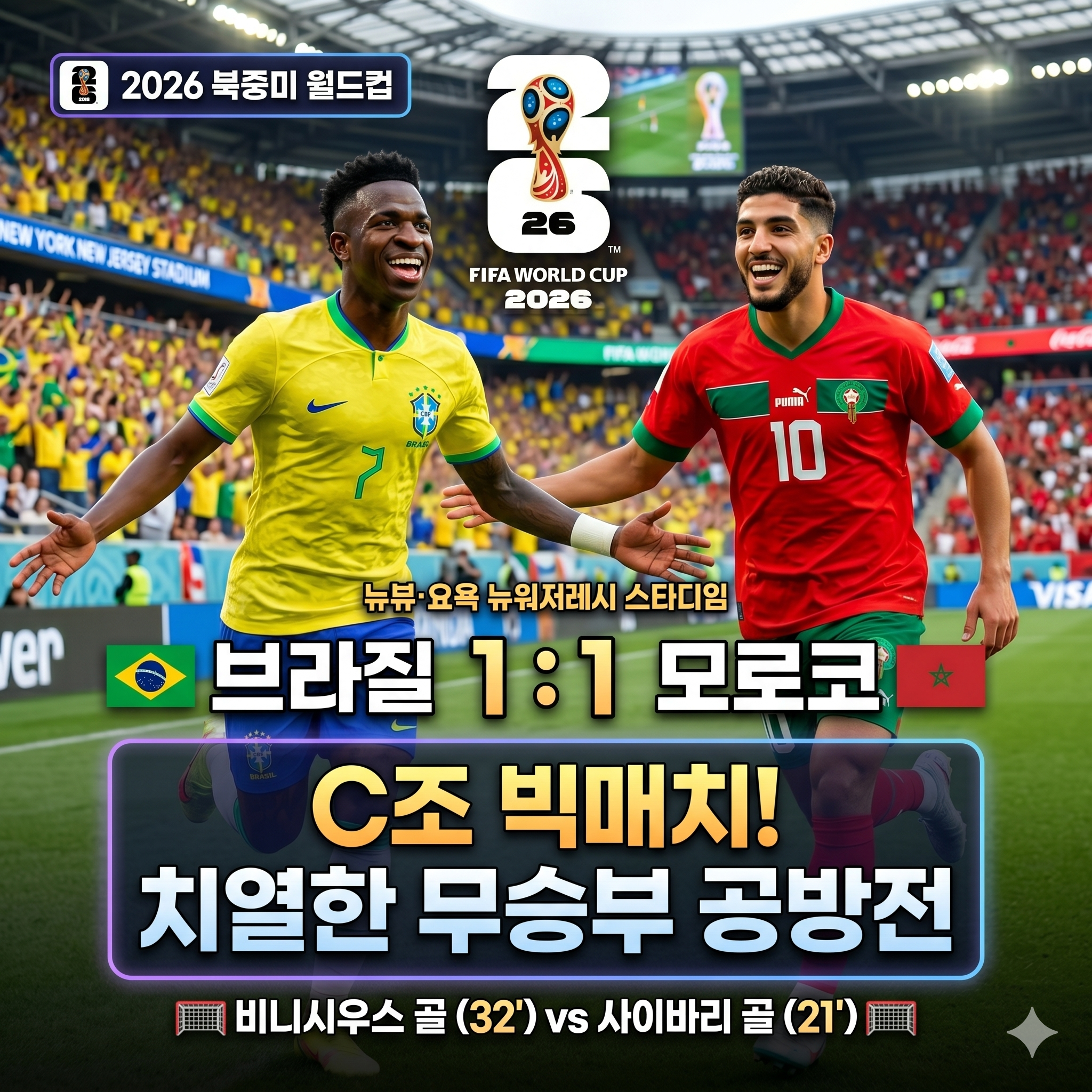 북중미 월드컵 C조 빅매치: 브라질 vs 모로코 1-1 치열한 무승부 공방전