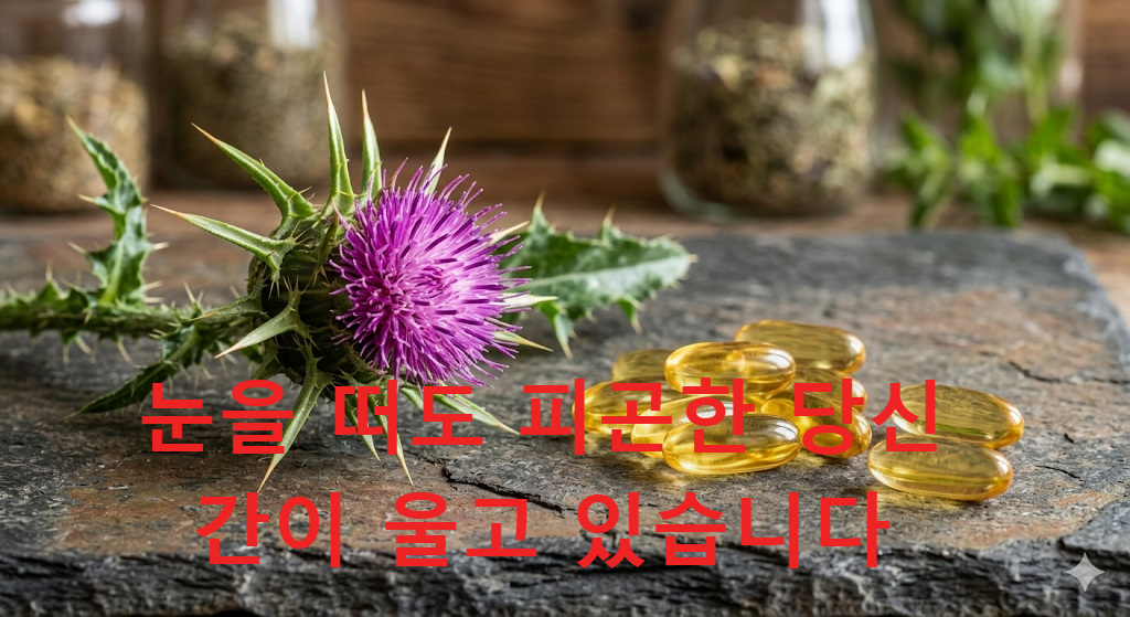 간 건강과 피로 회복을 돕는 밀크씨슬 꽃과 실리마린 영양제 캡슐