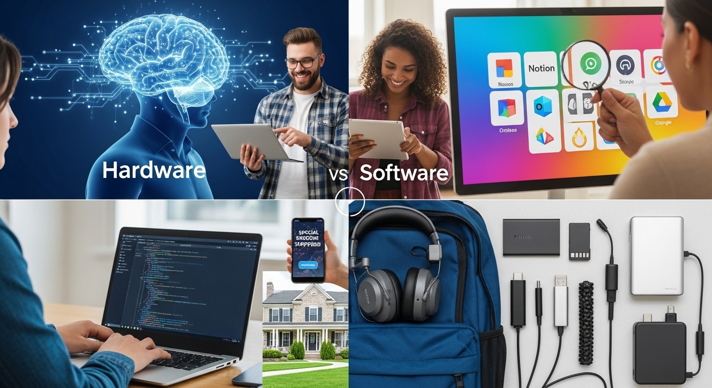 부동산 시장에서 기술과 사람의 역할을 대비하는 상징적인 이미지. 한쪽에는 데이터를 처리하는 디지털 뇌가, 다른 쪽에서는 사람이 직접 집을 살펴보는 모습이 보인다.