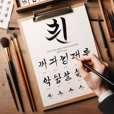 다양한 필기 도구와 한자 서예