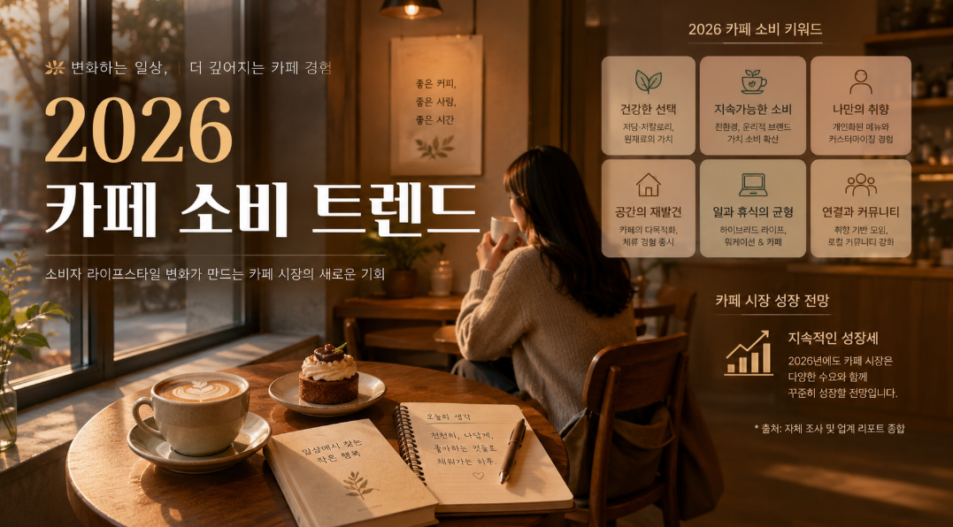 2026 카페 소비 트렌드와 사람들이 카페에서 원하는 휴식과 감정을 보여주는 썸네일 이미지