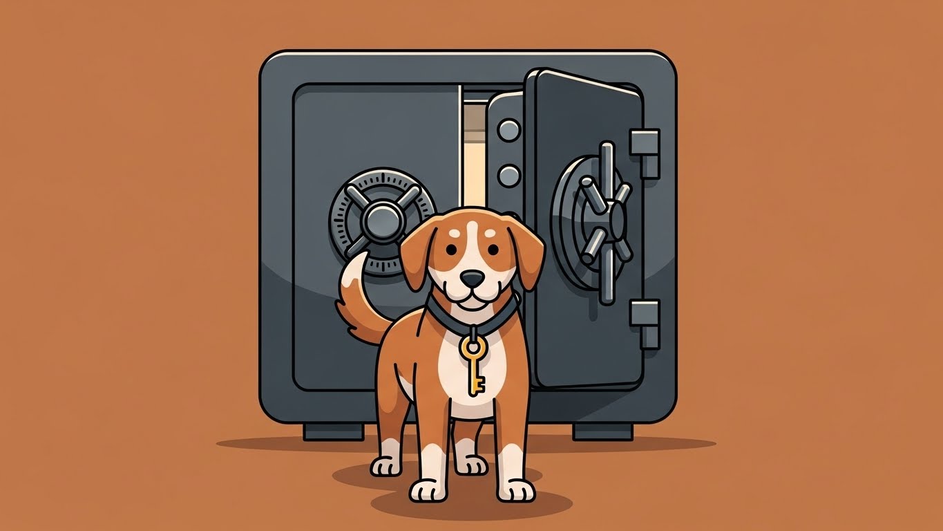 황금 열쇠를 목에 걸고 성실하게 자리를 지키는 개 캐릭터의 2D 플랫 벡터 일러스트