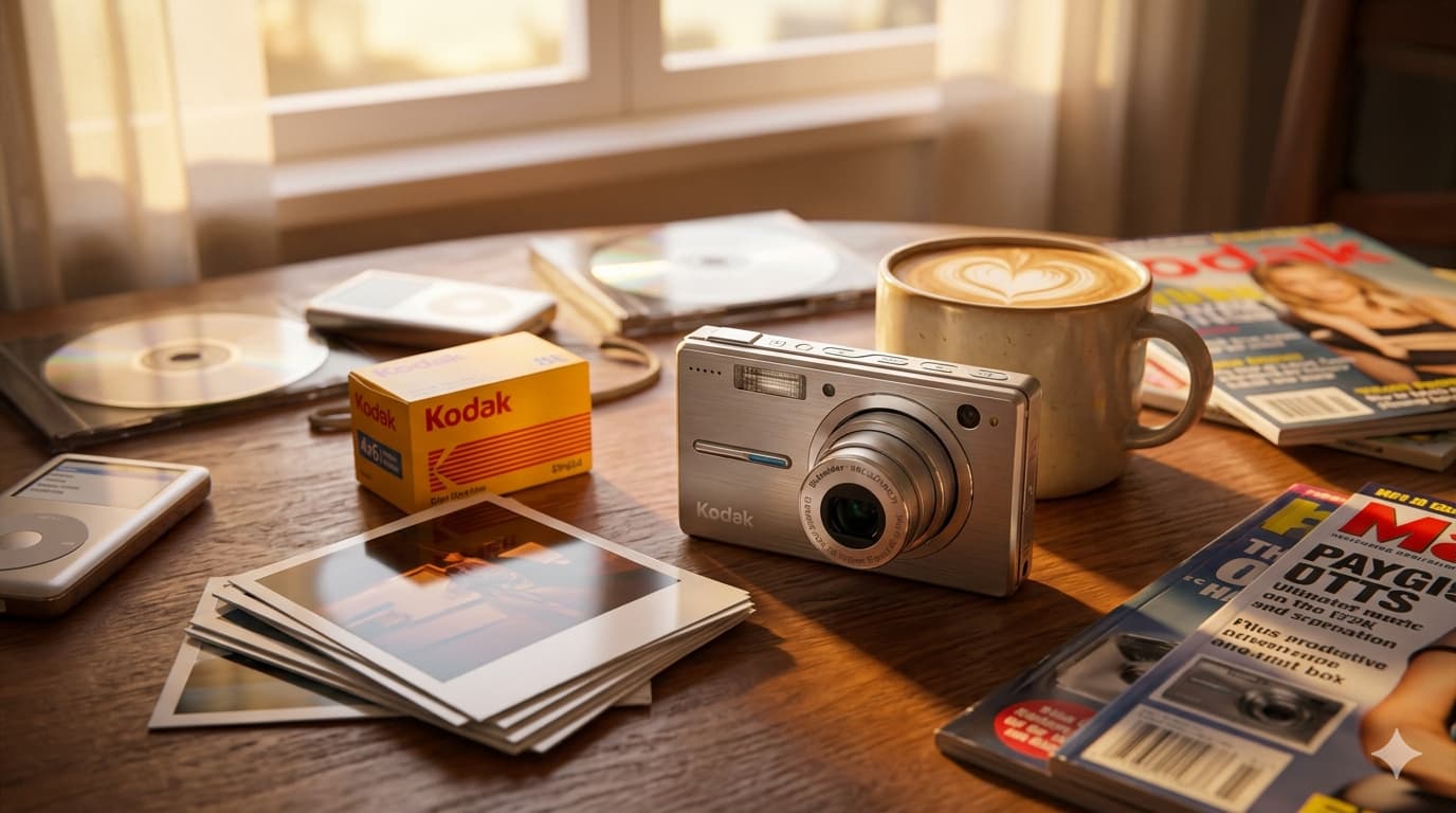 원목 책상 위 커피 잔과 인화된 사진들 사이에 놓인 빈티지 디카 코닥 이지쉐어 V550 모델의 감성적인 연출 컷.