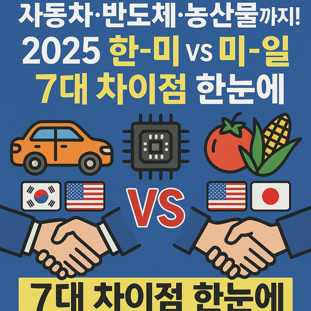자동차&middot;반도체&middot;농산물까지!
2025 한-미 vs 미-일 관세 딜
7대 차이점 한눈에