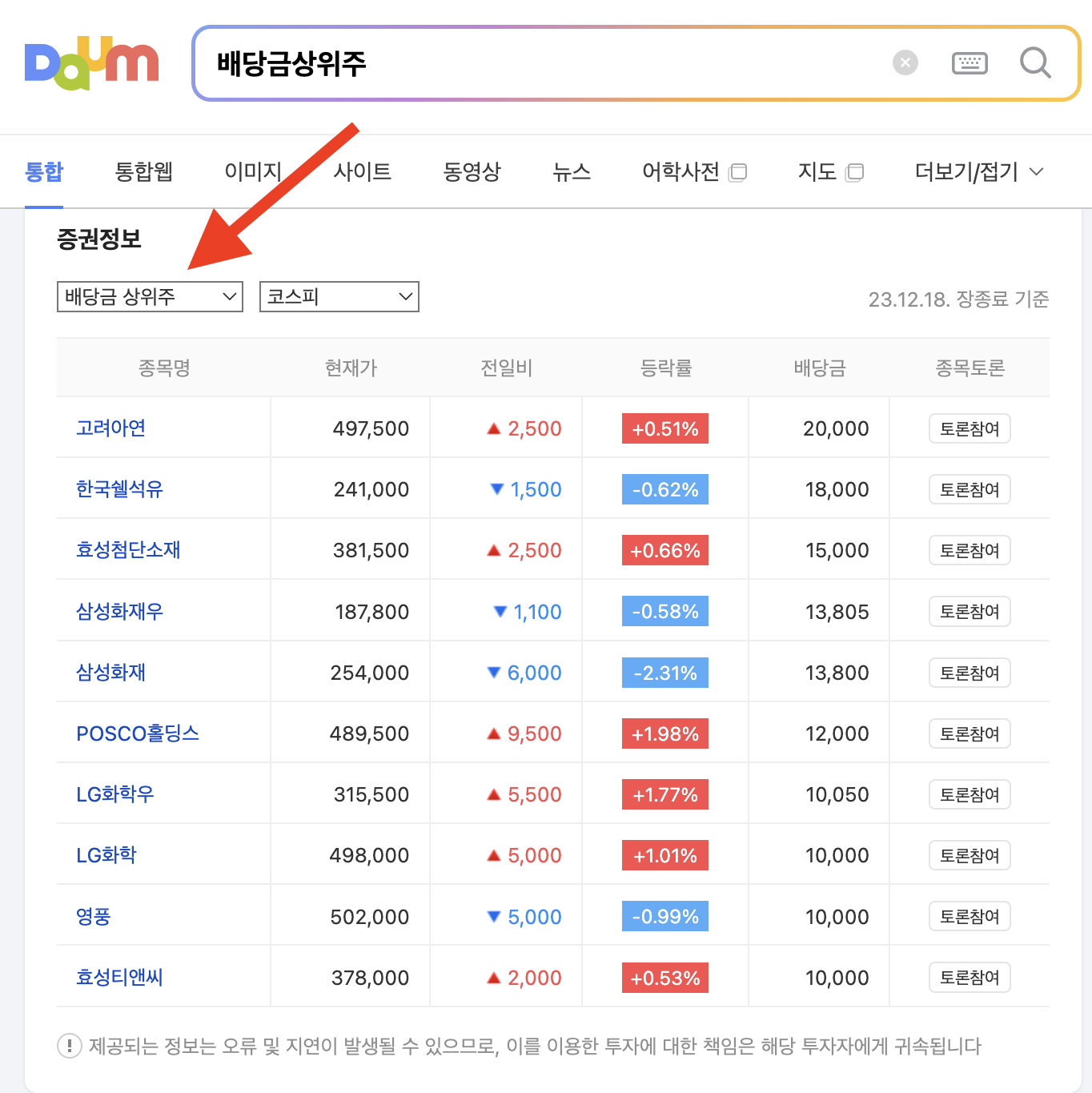 배당금 상위주 검색