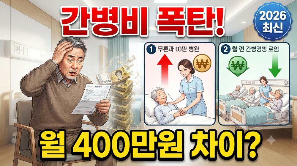 alt="병실에 앉아 청구서를 보며 놀란 노인과 간병비 차이를 비교하는 인포그래픽"