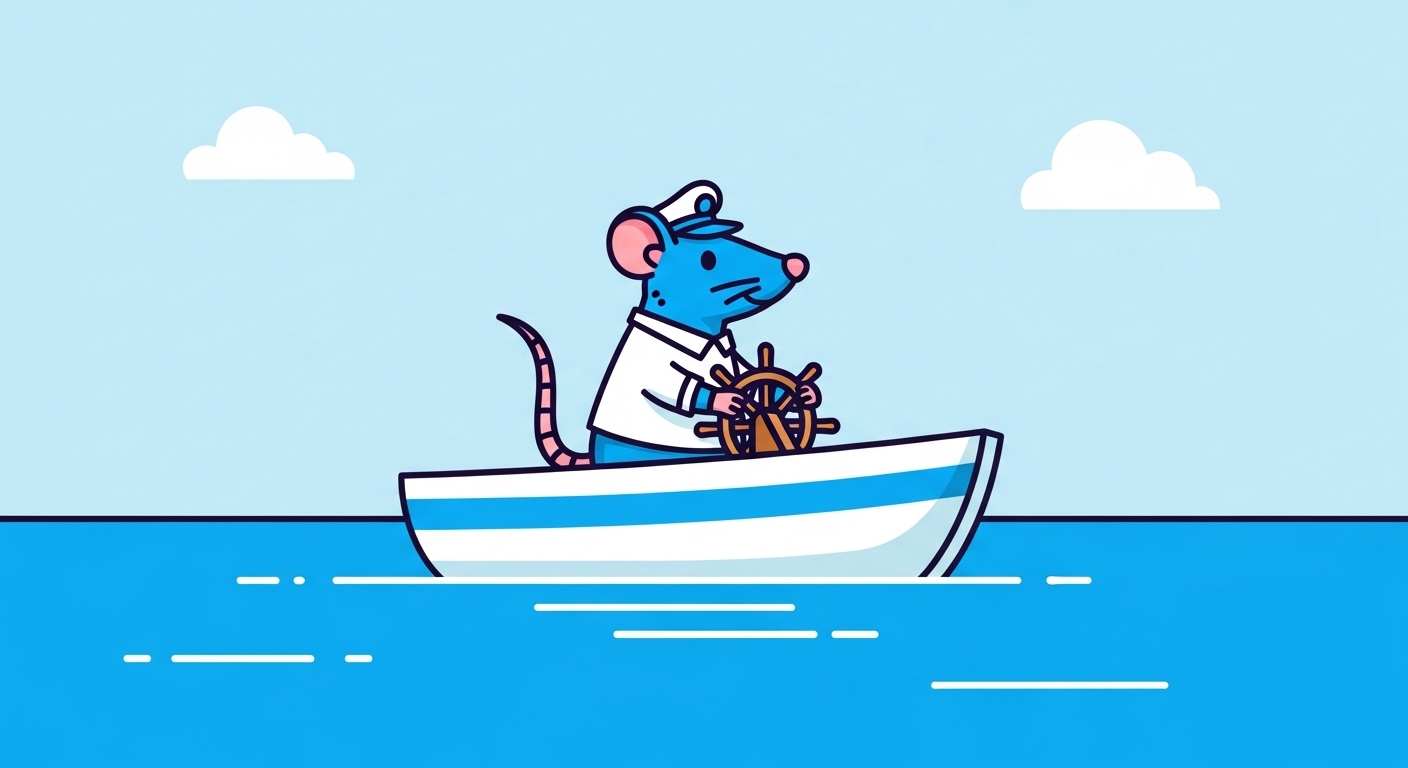 강 위에서 배를 몰며 지혜롭게 나아가는 쥐띠 캐릭터 일러스트