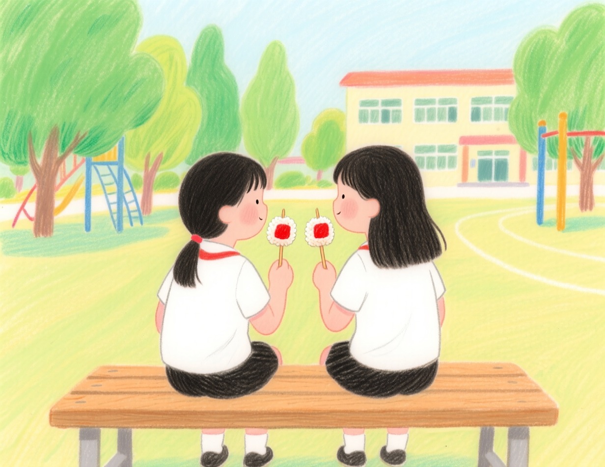 오싫모 대 호싫모 - 벤치에 나란히 앉아 떡볶이를 먹는 두 아이 상상 그림