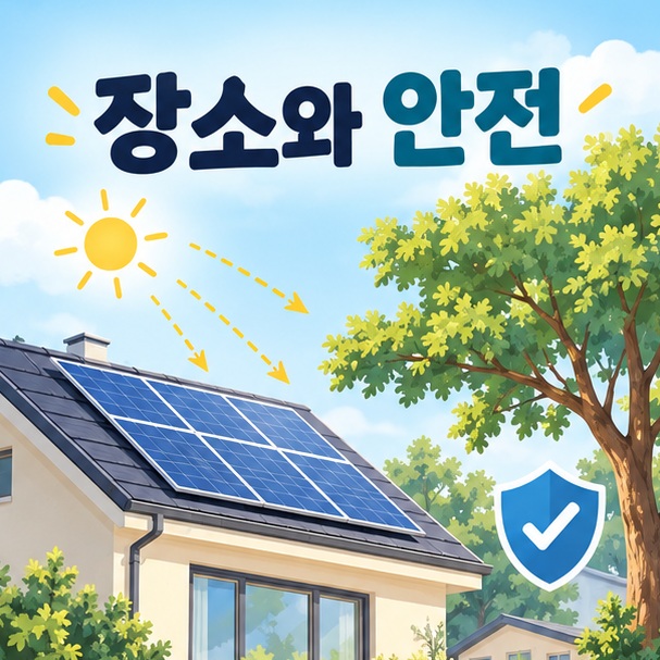 태양광 패널이 있는 주택 지붕과 주변 나무, 안전 확인 아이콘