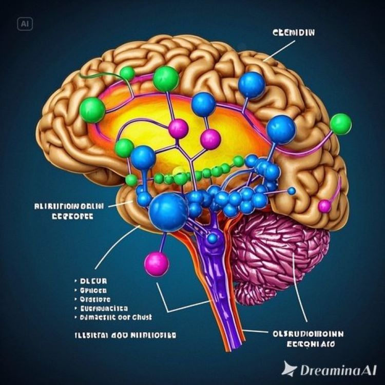 뇌의 단면도에서 아편 수용체들이 글루텐 엑소르핀 분자들과 결합하는 모습을 분자 구조와 함께 표현하고, 한쪽에는 밀빵이, 다른 쪽에는 황홀해하는 뇌의 보상회로가 활성화된 모습을 형광색으로 표시한 신경과학적 인포그래픽