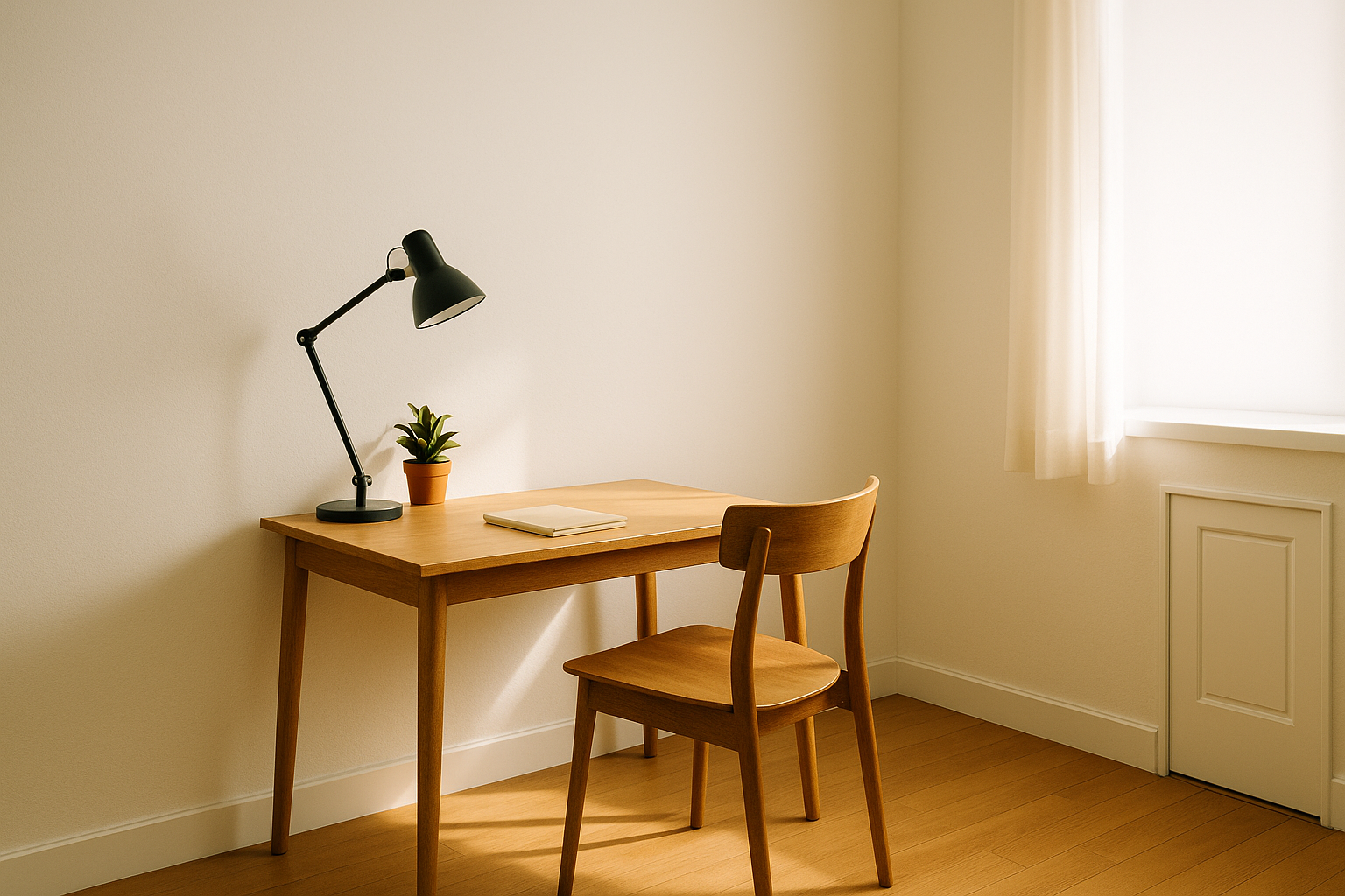 문과 마주보지 않게 벽 옆에 비스듬히 배치된 책상 인테리어