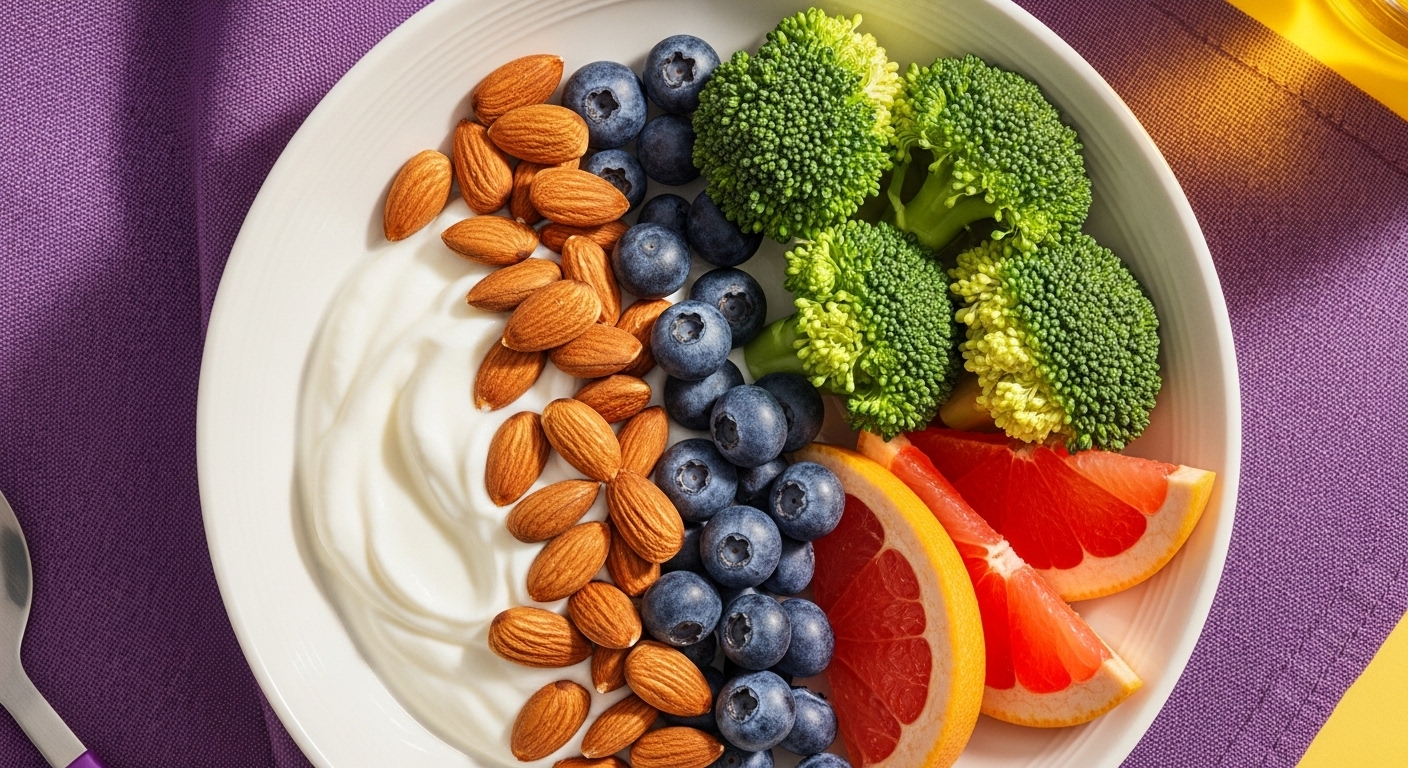 요거트에 아몬드,블루베리,브로컬리,자몽이 담아있는 다이어트 음식 이미지