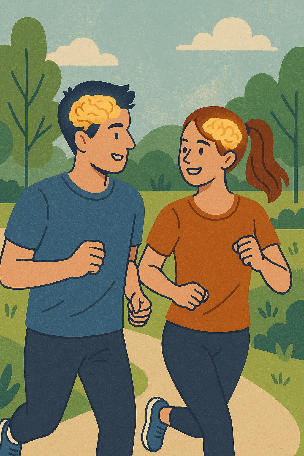 뇌 활성화 방법을 실천하기 위해 숲길에서 함께 유산소 운동을 하고 있는 건강한 커플