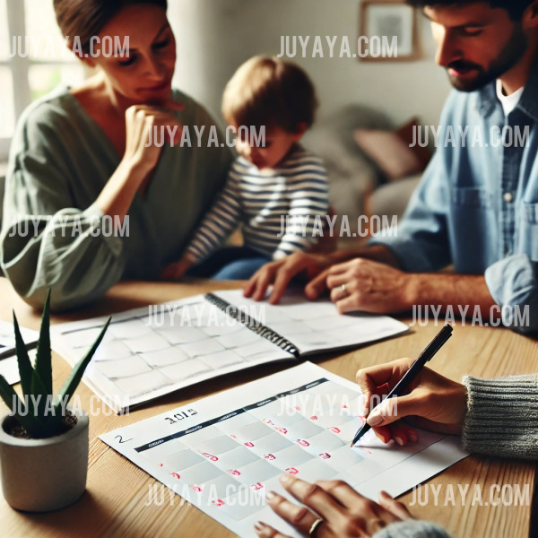 부모가 테이블에서 캘린더를 보며 가족의 일정을 조율하는 모습. 옆에서 아이가 놀고 있는 따뜻한 가정 환경.