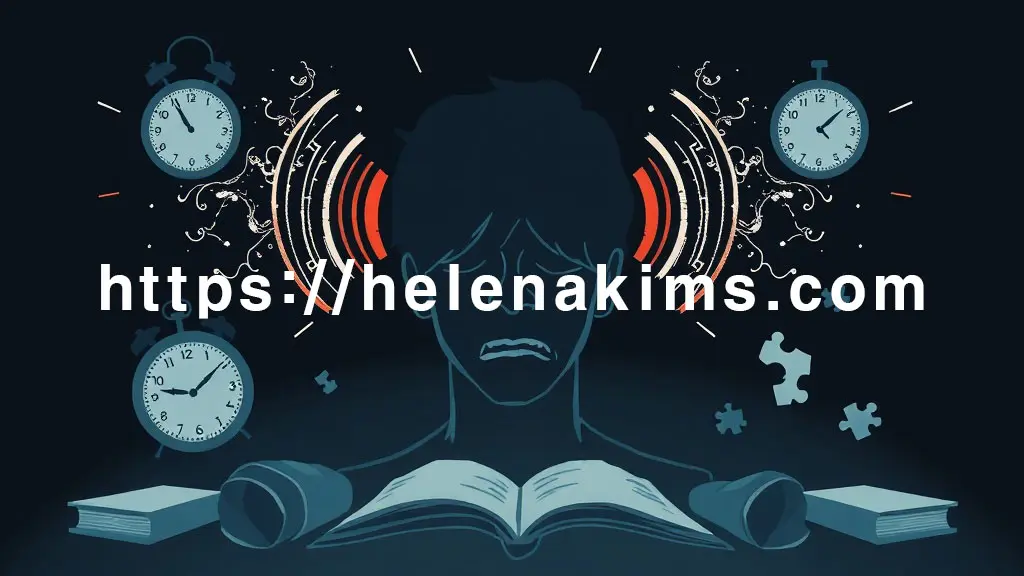 어둡고 깊은 배경 중앙에 고통스럽고 지친 표정의 여성, 주변에는 불면을 상징하는 뒤섞인 시계바늘, 흐릿하게 보이는 책과 깨진 퍼즐 조각이 떠다니며 집중력 저하와 인지 기능 문제를 암시하는 그래픽 이미지.