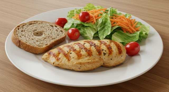 샐러드와 작은 조각의 통밀빵이 함께 놓인 접시