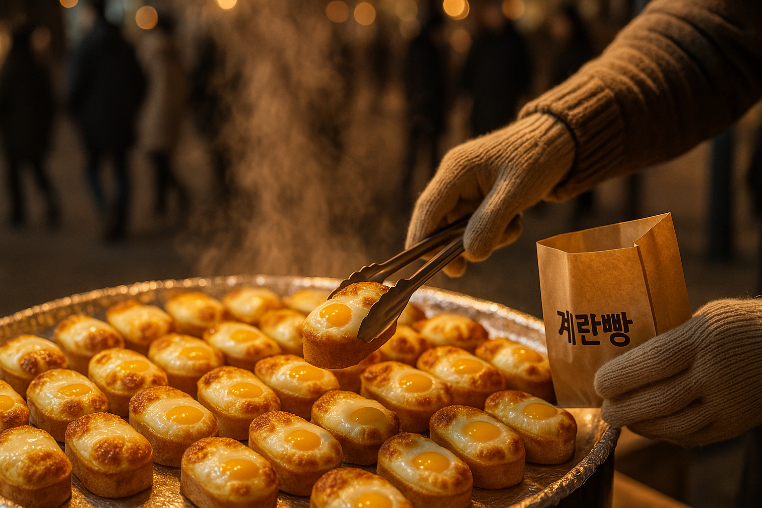 울 저녁 노점 철판에서 김이 오르는 노릇한 한국 계란빵들, ‘계란빵’ 글자 종이봉투를 든 장갑 낀 손과 흐릿한 거리 불빛 배경