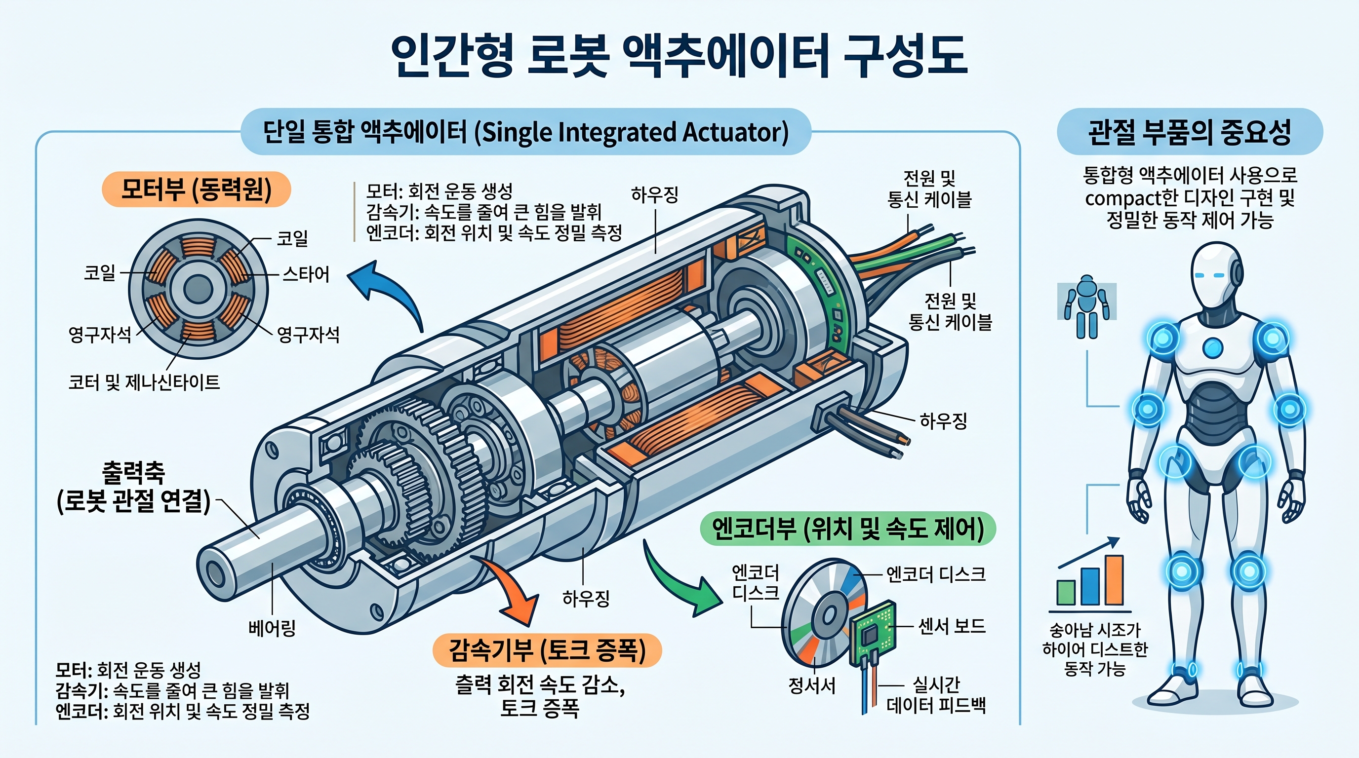 휴머노이드 액추에이터 구성도 모터(동력), 감속기(토크 증폭), 엔코더(위치 제어)가 하나로 합쳐진 액추에이터의 단면도를 보여주어 '관절 부품'의 중요성을 직관적