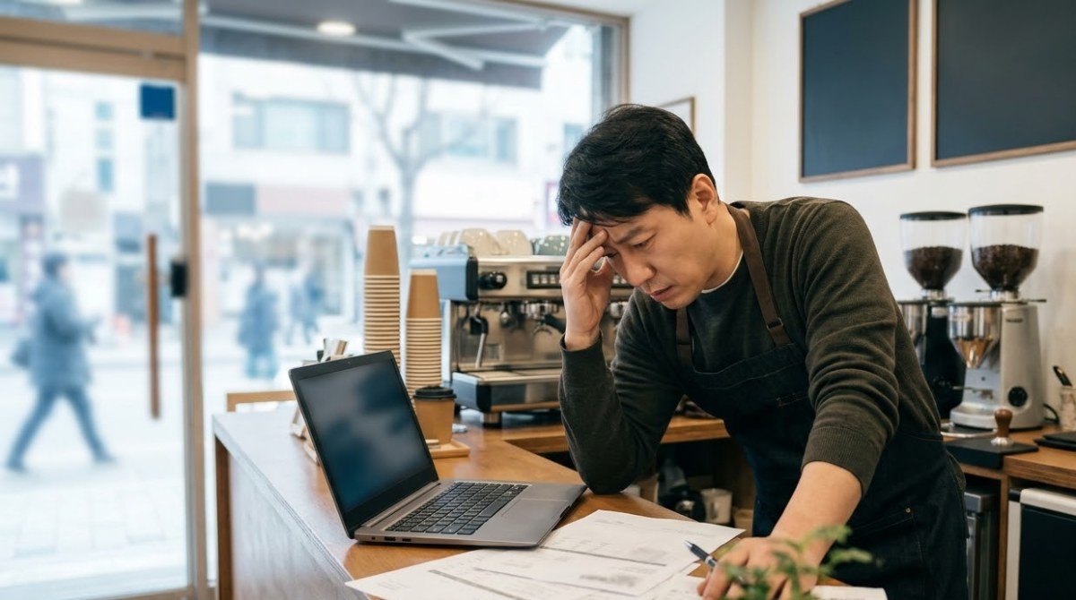 노트북 앞에서 자금 문제로 고민하는 카페 사장님