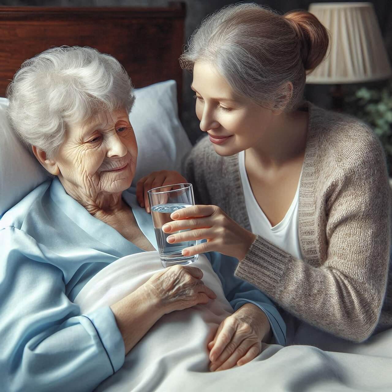 병상에 누운 어머니에게 물을 건네는 딸의 모습